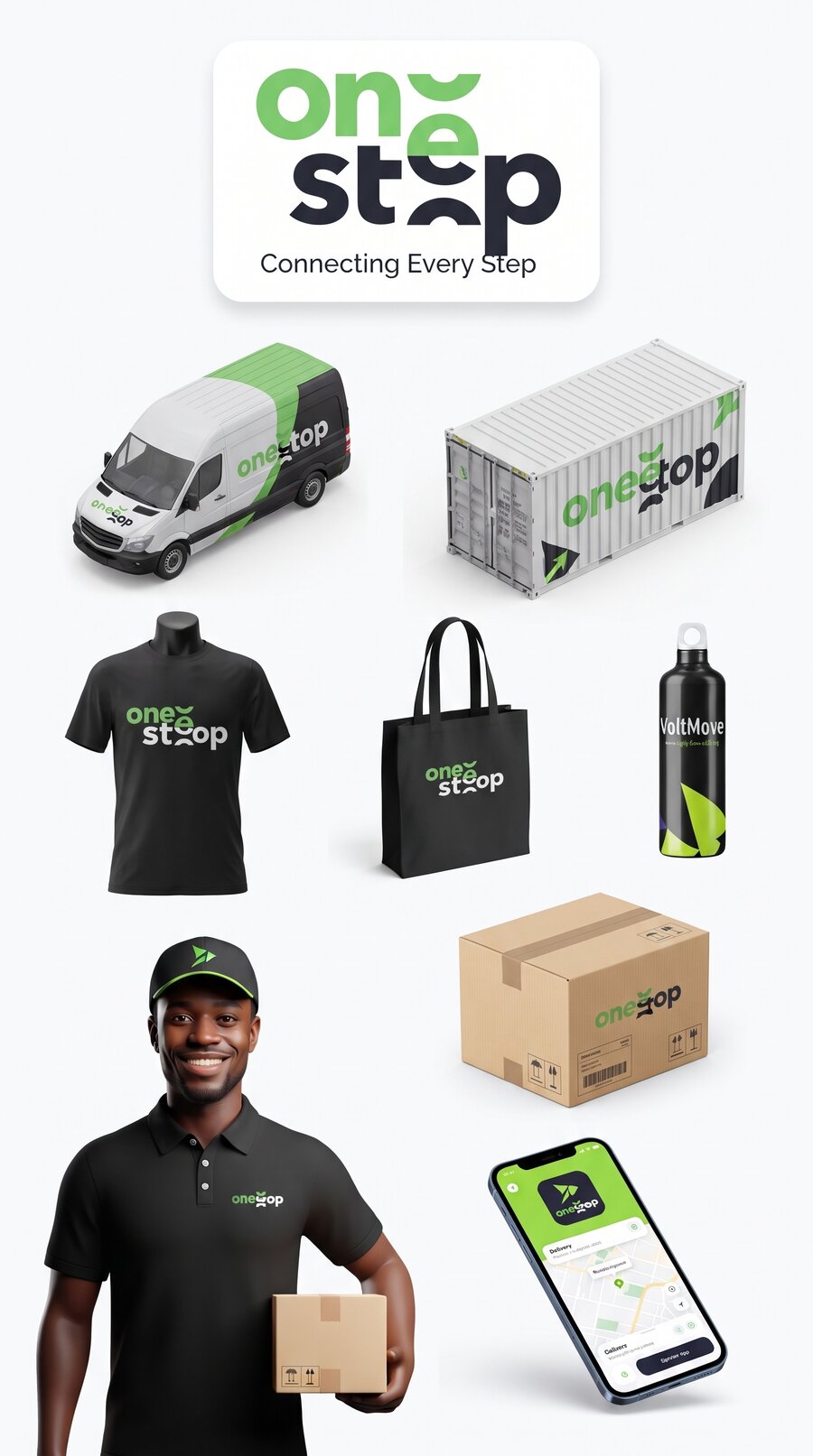 One Step brand identity collage across merchandise and fleet