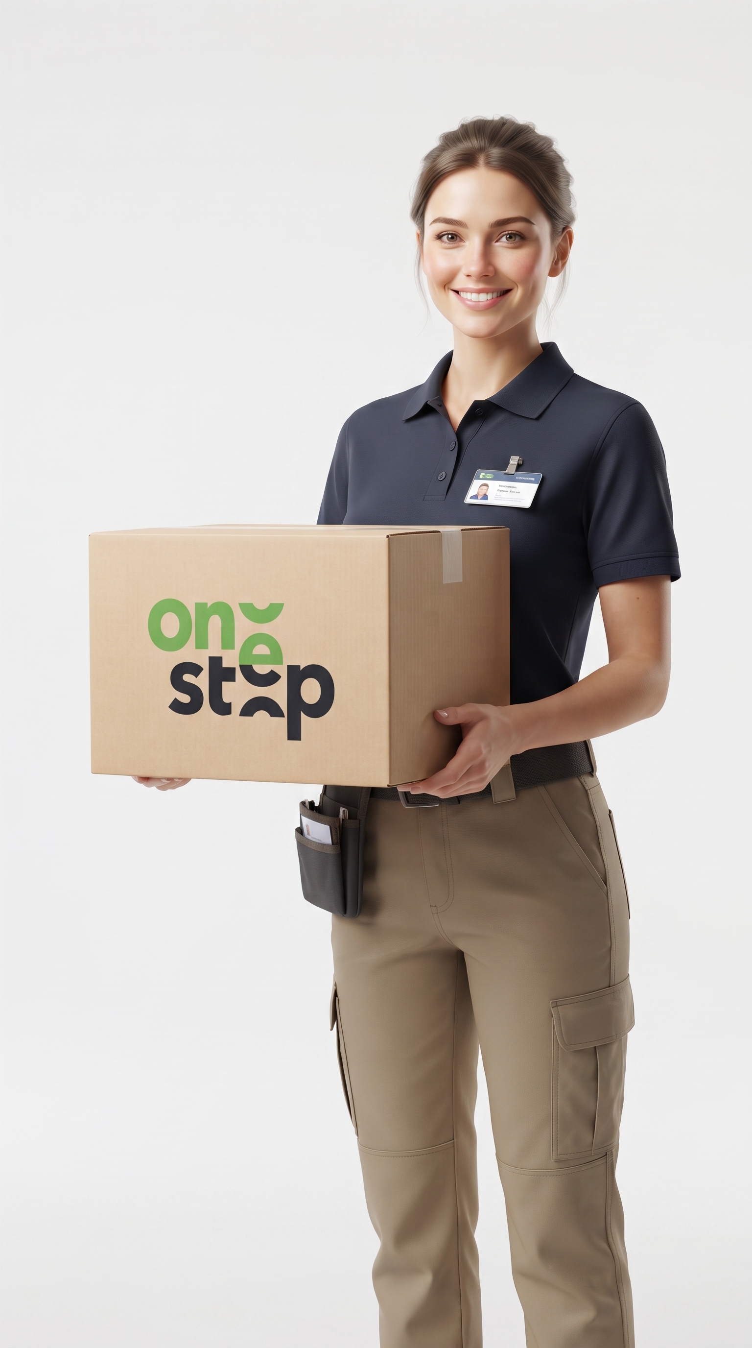 One Step courier holding a delivery package