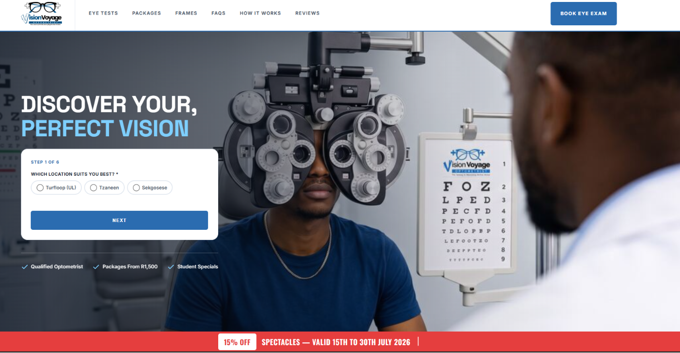 Vision Voyage website homepage hero with booking wizard